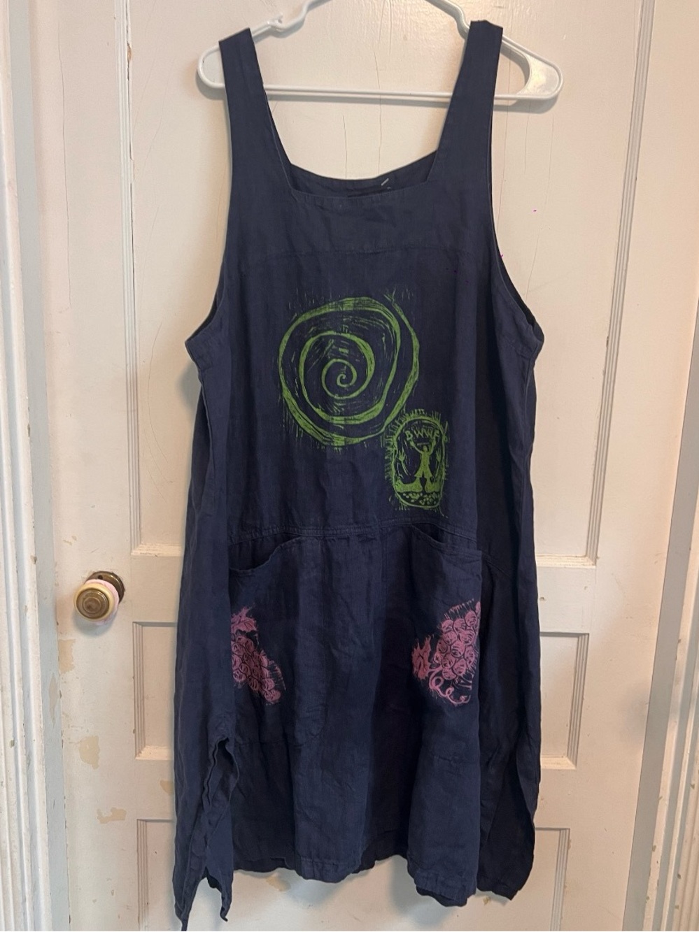 Cut loose linen Painter's pinafore jumper smock tunic front patch pockets L/XL